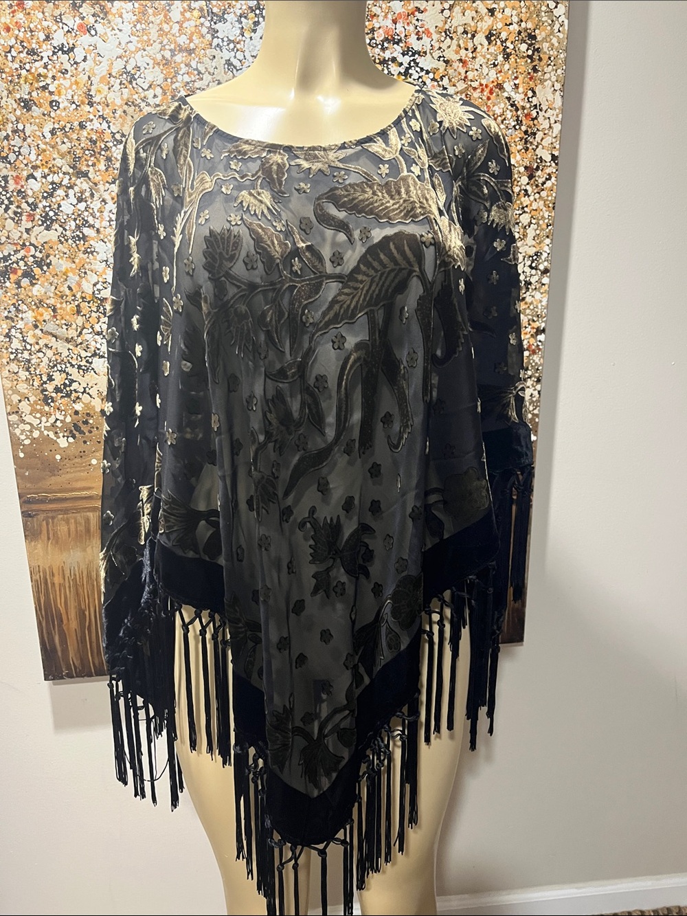 Chico's Black Velvet Floral Fringe Poncho
